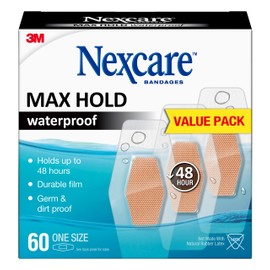 Nexcare Max Hold Waterproof Bandages, Stays On for 48 Hours, Flexible Bandages for Fingers, Knees and Heels - 60 Pack Clear Waterproof Bandages