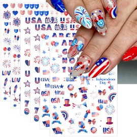 6 Sheets 4th of July Nail Stickers for Nail Art Independence Day Nail Decals 3D Self-Adhesive USA Flag Fireworks Letters Numbers Star Sticker Nail Designs Fourth of July Nails Decoration DIY for Women