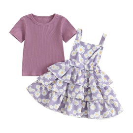 Toddler Girl Summer Clothes Daisy Dress Solid Shirt Ruffle Tutu Skirt Kids Girls Overalls Dress 18M 2T 3T 4T 5T 6Y (Daisy-Purple, 2-3 Years)