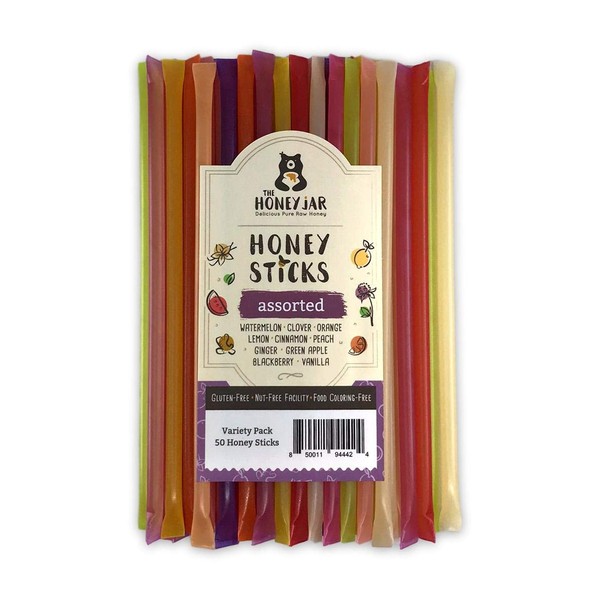The Honey Jar - Variety Pack Honey Sticks 50 Count with assorted flavors of honey straws, Made in USA with real honey.