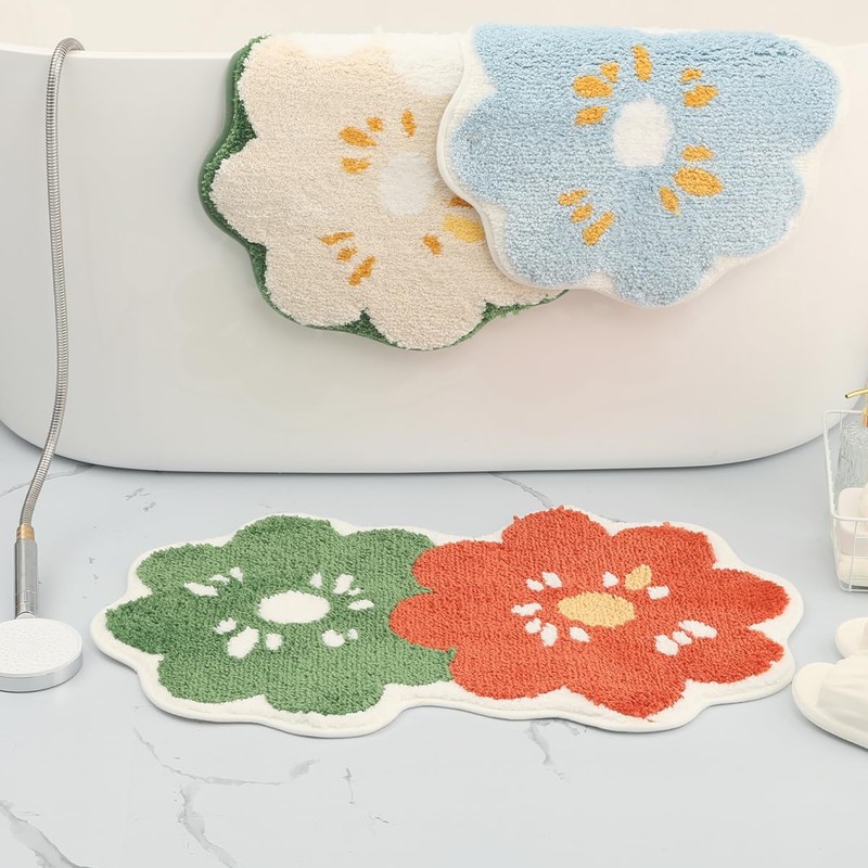 Green Cute Floral Bath Mat Absorbent Quick Drying, Safe Anti-Slip,