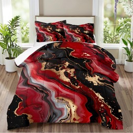 CCoutueChen Red Black Marble Comforter Set King Size Gold Glitter Marbling Bedding Set for Women Men Watercolor Abstract Art Bedding Comforter Set Soft Down Alternative Comforter Sets for All Season