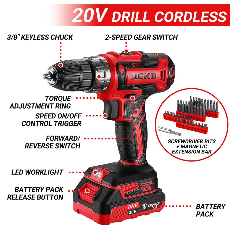 Red Drill Tool Kit Set: 20V Cordless Power Drill Tool