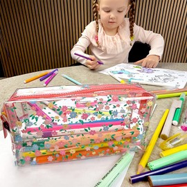 Fashion Stationery Clear Pencil Case Exam See Through Transparent Floral Pink Pencil Cases Girls Boys Teenagers Women Toiletry Travel Bag (Floral)