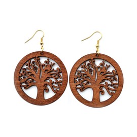 2 Pairs Bohemian Lightweight Wooden Tree of Life Dangle Earrings Handmade Teardrop Round Wood Earrings for Women-round