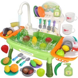 RSEPD Play Kitchen Sink with Running Water, Toddler Play Sink, Kids Real Working Water Bathroom Sink Toys Dishwasher for Toddlers Baby with Electric Faucet, Mini Water Sensory Table for Boys Girls