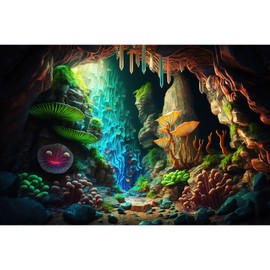 ZatiasMiller Jungle Cave Aquarium Background Special Bright Luminous Mushrooms Terrarium Background Cartoon Mushroom Reptile Habitat Background Fish Tank Background Decor Vinyl 30x18in