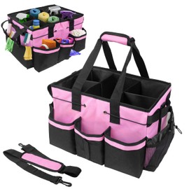 ZKOO Large Cleaning Caddy Bag with Handle, Built-in Sturdy Support Board, Adjustable Shoulder Strap, Multi-compartment Design Cleaning Supply Tote for Cleaners & Housekeepers (Pink)