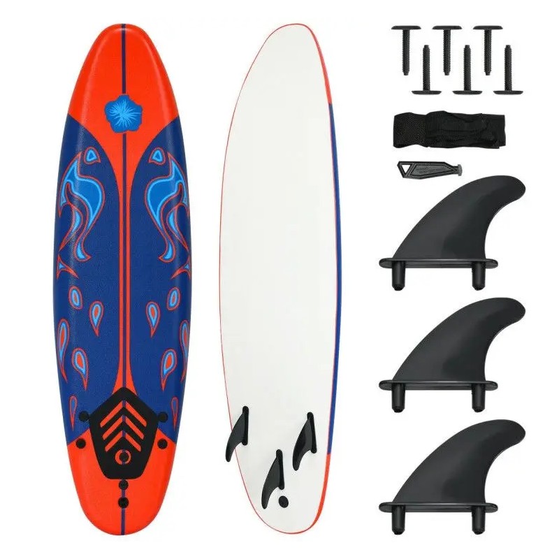 Red 6 Feet Surfboard with 3 Detachable Fins for Surfingcolor: