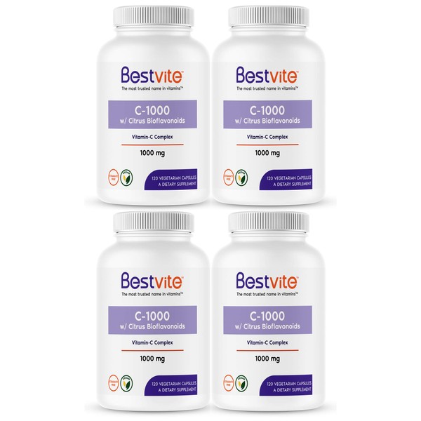 BESTVITE Vitamin C 1000mg (480 Vegetarian Capsules) (120 x 4) with Citrus Bioflavinoids - No Stearates - Vegan - Non GMO - Gluten Free