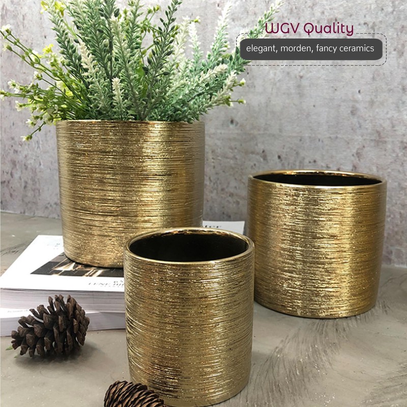 WGVI Gold Etched Ceramic Cylinder Vase Width 3.75" Height 4",