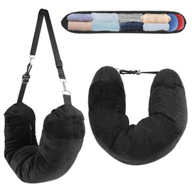 AHRLIC Soft Stuffable Neck Pillow for Travel Multifunctional U-Shaped Cushion Fillable with Clothes for Extra Luggage Space, Elastic Fleece, Adjustable Straps for Airplane, Camping, Train,Hiking Black