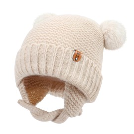 GRPSKCOS Baby Bobble Hat, Winter Pompom Beanie Cap with Knit Earflaps Chin Strap, Cotton Lining Warm Hat for Newborn Infant Toddler 0-4 Years(Beige,1-4 Years)