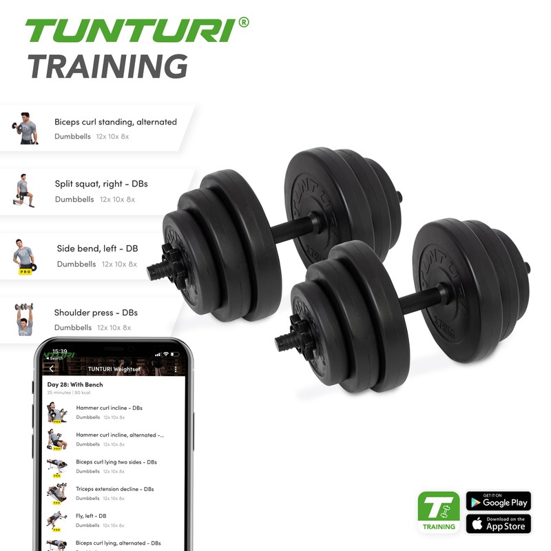 Tunturi Vinyl Dumbbell Set 28kg, 2 Dumbbells, 12 Weight Plates,