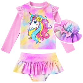 Cutemile Girl Rash Guard 2 Piece Bathing Suit Size 6 Long Sleeve Swimsuits UPF 50+ Little Girls Pink Unicorn Swimwear Set for Hawaiian Beach Age 5-6 Years
