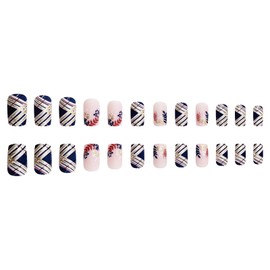 Thanksgiving Press on Nails Fall Fake Nails with Pumpkin & Maple Leaf Design Blue Medium Square False Nails Blue and Gold Checkered Acrylic Nails for Women Girls Autumn Thanksgiving Manicure 24Pcs