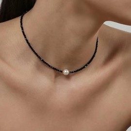 Inateannal Boho Spinel Pearl Necklace Choker Bead Pendant Necklaces Black Crystal Choker Necklace Spinel Beads Pearl Necklace Jewellery for Women, Zinc