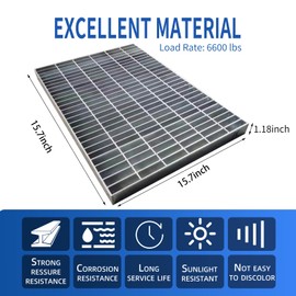 Outdoor Galvanized Steel Drain Grate,15.7x15.7 Heavy Duty Drain Cover,B125 Class Channel Grate,Rust-Proof Metal Sewer Grate,Silver Square Drainage Grate for Driveway,Garage,Yard