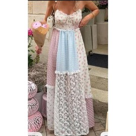 Women Boho Patchwork Maxi Dress Y2k Sleeveless Spaghetti Strap Backless Long Dress Floral Beach Vacation Sundress - Colour: Multi, Size: L
