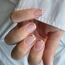 French Tip Press on Nails Short Square Fake Nails Glossy Pink False Nails with Gold Nail Tips Design Stick on Nails Acrylic Full Cover Glue on Nails Artificial Nails for Women DIY Nails Art Decoration