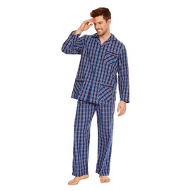 GLOBAL Men 100% Cotton Pajamas Set Button Down Pjs Long Sleeve Pajamas for Men Drawstring Elastic Waistband Pants Soft Comfy Sleepwear