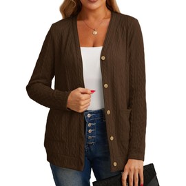 GRECERELLE Womens Cardigan Long Sleeve Lightweight Cardigans Button Down V Neck Ribbed Knit Outerwear Open Front Tops with Pocket for Ladies (Brown, L)