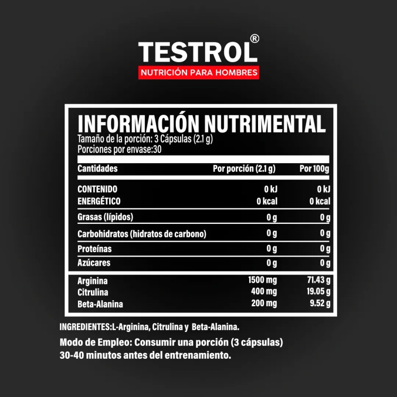 L-arginina Platinum 2100mg 3 en 1 Testrol 90 Cápsulas sin