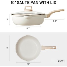 CAROTE 10Inch Nonstick Deep Frying Pan with Lid, 4.5Qt Jumbo Cooker Saute Pan with Pour Spout, Skillet Induction Cookware, Non Stick Cooking Pan Kitchen Pan PFOA Free, White Granite