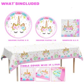 Unicorn Birthday Decorations Party Set, Unicorn Plates and Napkins, 32 Plates, 16 Napkins, 1 Table Cover