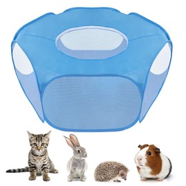 SlowTon Small Animal Playpen, Foldable Pet Cage with Top Cover Anti Escape, Breathable Transparent Indoor/Outdoor Use Pop Up Yard Fence for Kitten Puppy Guinea Pig Rabbits Hamster(Blue)