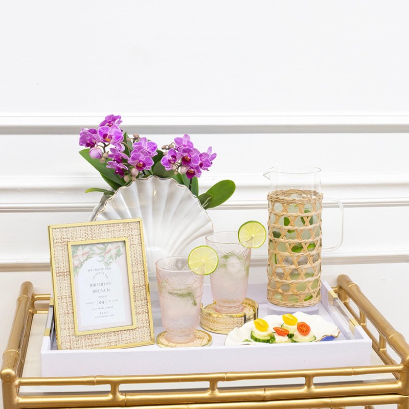 Lilly Pulitzer Gold and Raffia Coasters for Drinks with Holder,