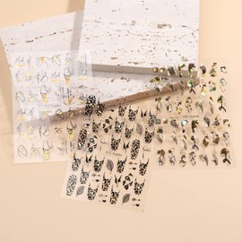 Gold Nail Art Stickers, Holographic Laser Gold Flowers Leaf Leopard Print Abstract Face Lines Nail Stickers Design for Women Girls Manicure Charms Decorations, DIY Resin 3D Self-Adhesive Nail Decals