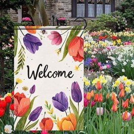 BlissYard Welcome Garden Flag 12x18 Inch Double Sided Spring Garden Flag Tulip and Bee Design Outdoor Decorative Outdoor Yard Flag Decorations for Home Spring Summer Decoration