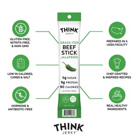 Think Jerky Jalapeno Beef Sticks, Gluten and Sugar Free, No Nitrates, Keto Paleo Friendly High Protein Low Carb Meat Snack - 1.0 oz Sticks, 20 Pack
