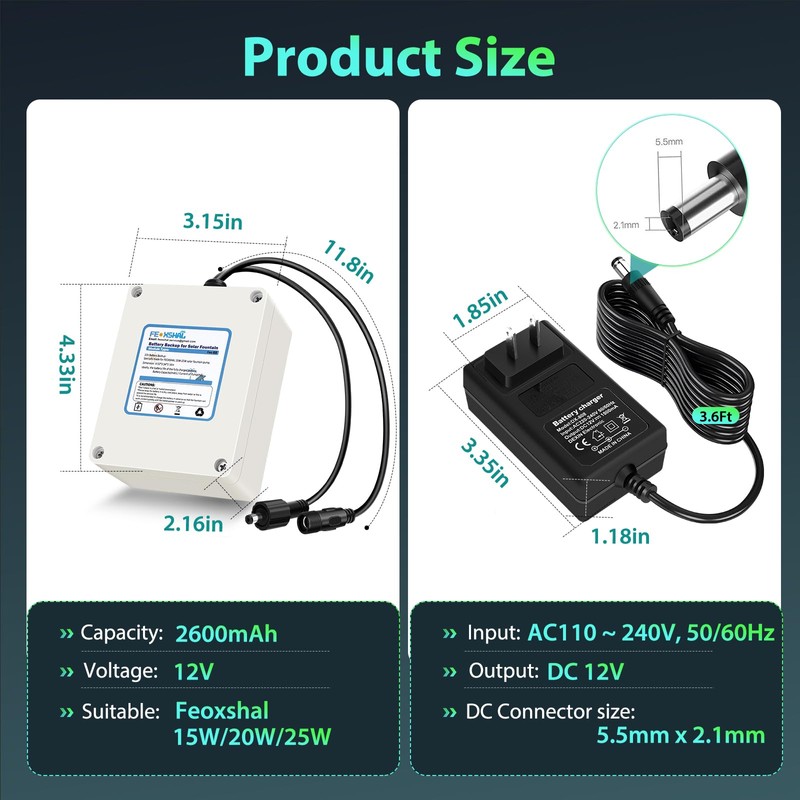 Battery Backup for Solar Fountain Water Pump Backup Battery 2600mah,