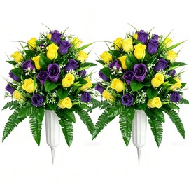 UYGHHK Artificial Memorial Day Flowers for Cemetery Grave Flowers Yellow Purple Rose Bouquets Funeral Gravesite Decorations with Vase 2Packs