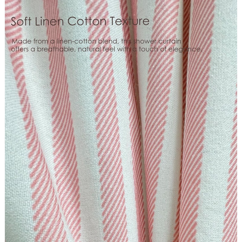 Pink Striped Shower Curtain Hookless Linen Blend Washable for Bathrooms