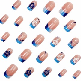 BABALAL Blue Press on Nails and Toenails Matching Set Short Square Fake Toe Nails French Tip Acrylic False Toenails with Flower Summer Full Cover Glue on Toe Nails 48Pcs Artificial Toenails for Women