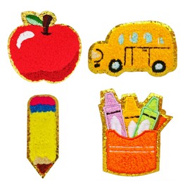 4PCS Back to School Iron On Patches - Glitter Chenille Embroidered Pencil, Apple & School Bus, DIY Sew On/Iron on Badges for Kids Jacket, Backpack, Jeans, First Day of School Decor (Yellow)