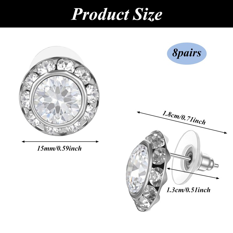 Amabro 8 Pairs Rhinestone Earrings for Women Dance Competitions 15mm