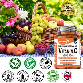 High Strength Vitamin C and Zinc Capsules | Vitamin C 1500mg and Zinc 40mg | Enhanced with Rosehip and Citrus Bioflavonoids | for Maintenance of Normal Immune System | 180 Vegan Capsules | Made in UK