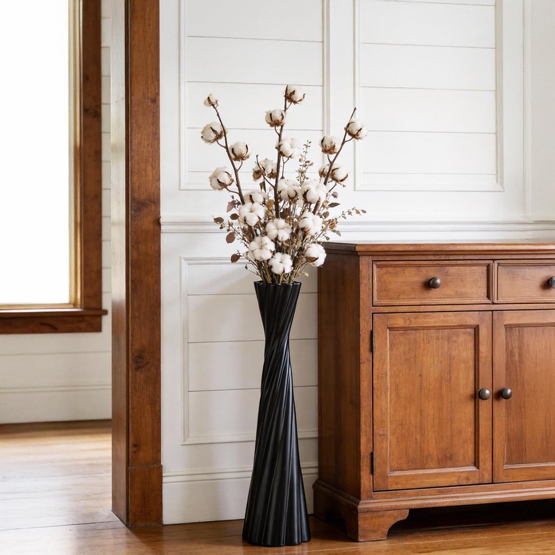 Tall Black Floor Vase 23.6″ – Glossy Twisted Resin Decorative