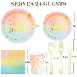 Happy Birthday Plates and Napkins Party Supplies,Rose Gold Birthday Decorations Include Birthday Plates and Napkins Cup Plastic Spoon Fork Knive Birthday Decorations for Women,Serve 24