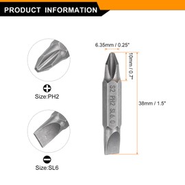 HARFINGTON Magnetic Double Ended Screwdriver Bit 6.35mm PH2/SL6 1.5" Length 1/4" Hex Shank S2 Steel Phillips Cross Slotted Flat Screw Driver Bit, Grey