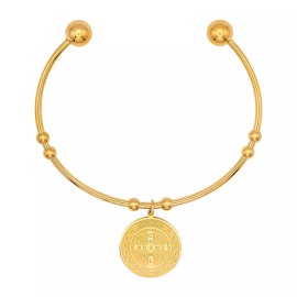 Catholic Town St Benedict Stainless Steel Cuff Bangle Ball Ends Bracelet (G)