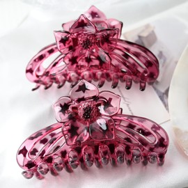 Floral Hair Claw Clips, LargeFlower Design, 2-Pack (wine red with stars)
