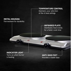OVENTE Countertop Infrared Double Burner, 1500W Electric Hot Plate and Portable Stove with 7.5” Ceramic Glass Cooktop, 6 Level Temperature Setting and Easy to Clean Base, Silver BGI202S