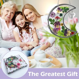 KY&BOSAM Moon Suncatcher Stained Glass for Window Hangings Wind Chime Decor with Pressed Real Flower and Metal I Love You to The Moon and Back Charm Birthday Gift for Women Mom Mother`s Day Christmas