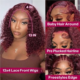 HUIWANYAN 99j Burgundy Lace Front Wigs Human Hair 14 Inch 13x4 HD Deep Wave Lace Front Glueless Wigs Human Hair Pre Plucked Red Curly Bob Wig Human Hair For Black Women 180% Density 14 Inch