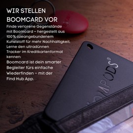 Boompods Boomcard Wallet Finder - Smart Bluetooth Location Map Compatible with Android Find Hub App, Slim Tracker Map Made of Recycled Sea Plastic, for Wallet, Luggage, Children, Black